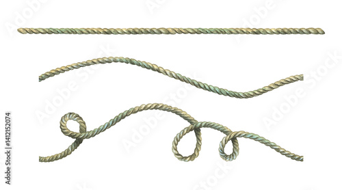 Rope, twine, jute brown, straight, wave and twisted with loops. Watercolor hand-drawn illustration on the theme of sea and fishing. Set of individual elements isolated from the background.