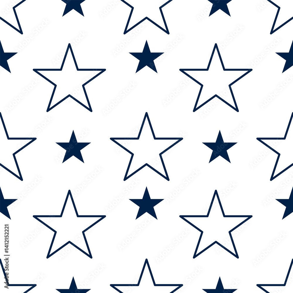 A seamless vector pattern featuring alternating outlined stars and filled stars in navy blue on a white background. The design is simple and modern, suitable for various applications. A seamless vector pattern featuring alternating outlined stars and filled stars in navy blue on a white background. The design is simple and modern, suitable for various applications.