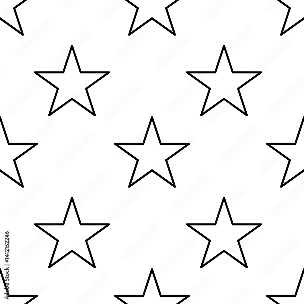 A seamless vector pattern of outlined stars on a white background, creating a minimalist and modern design.