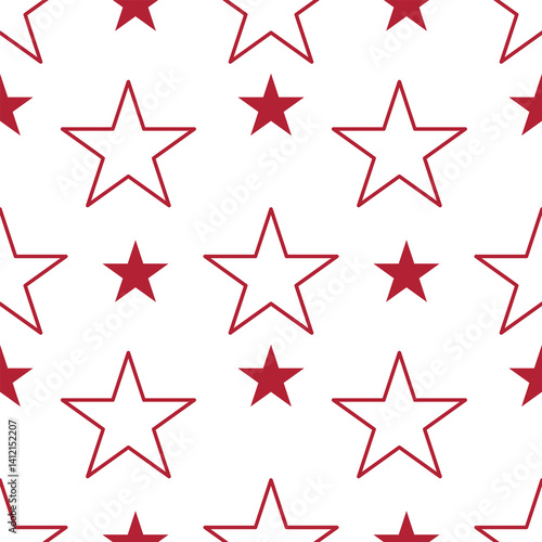 A seamless vector pattern featuring red outlined stars on a white background. The design alternates between five-pointed stars and star shapes, creating a playful and festive look.