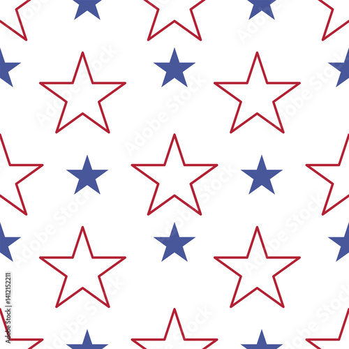 A repeating vector pattern of red and blue stars on a white background, featuring outlined stars in red and filled stars in blue, creating a patriotic theme.