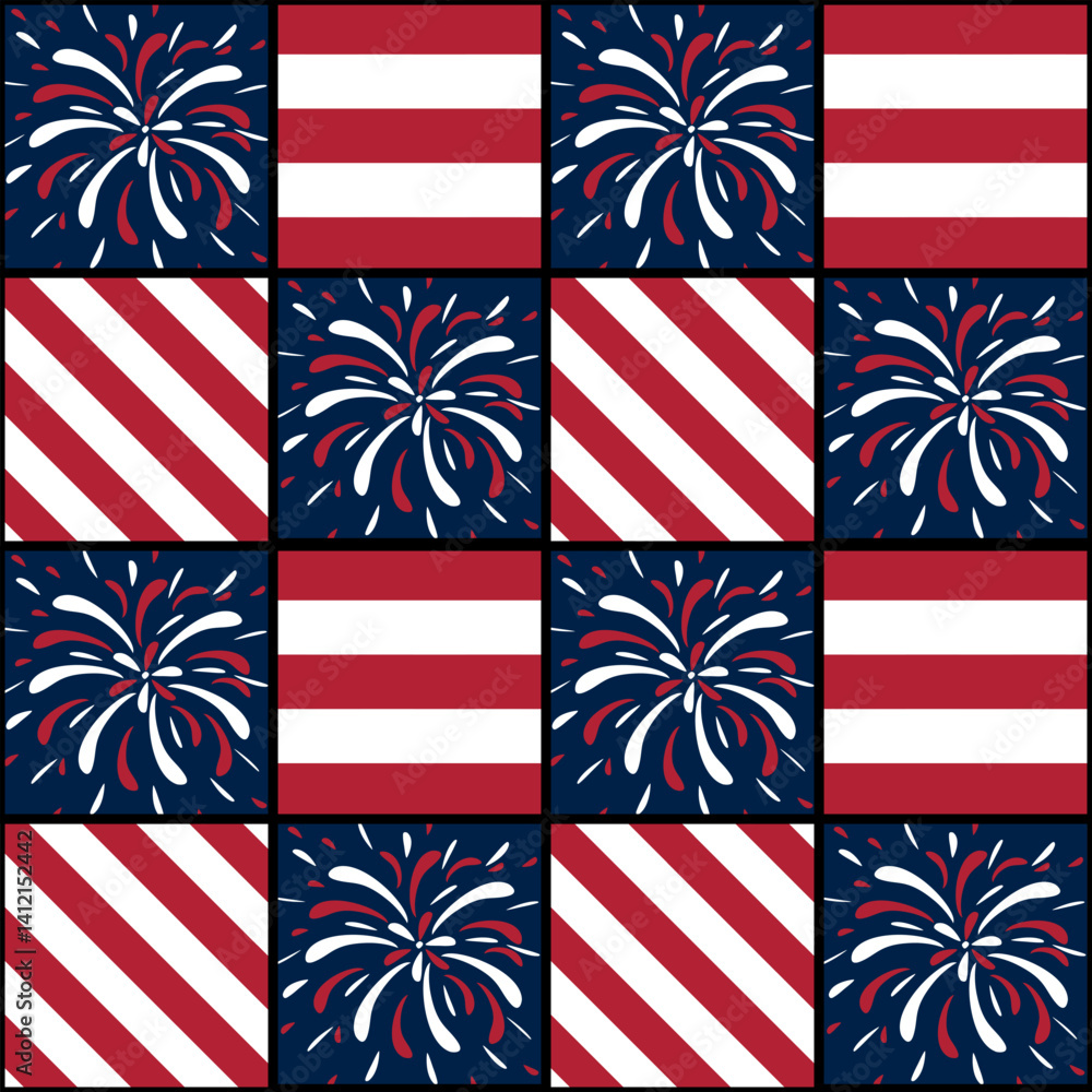A festive vector pattern featuring alternating squares with red and white stripes, blue backgrounds, and colorful fireworks designs. Ideal for patriotic themes and celebrations. A festive vector pattern featuring alternating squares with red and white stripes, blue backgrounds, and colorful fireworks designs. Ideal for patriotic themes and celebrations.