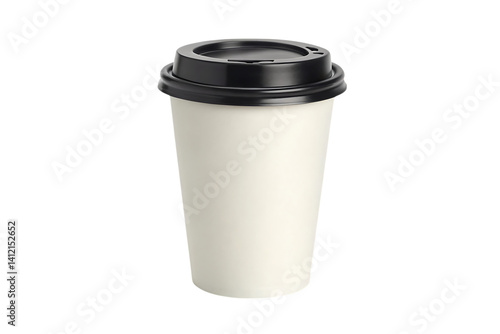 A simple off-white disposable coffee cup with a black lid, ready for your morning brew, perfectly isolated against a pure white background.
