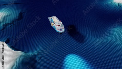 Fishing vessel employs underwater sonar to locate fish, based on analyzing sound wave reflections. Seamless loop. 3D rendering.
