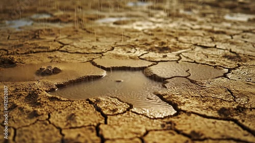 Animation of rain falling on cracked desert soil creating small puddles 