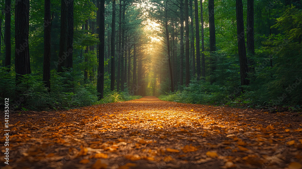 Obraz premium straight dirt path runs through a dense green forest. The ground is layered with dry autumn leaves, and soft sunlight glows at the end of the trail
