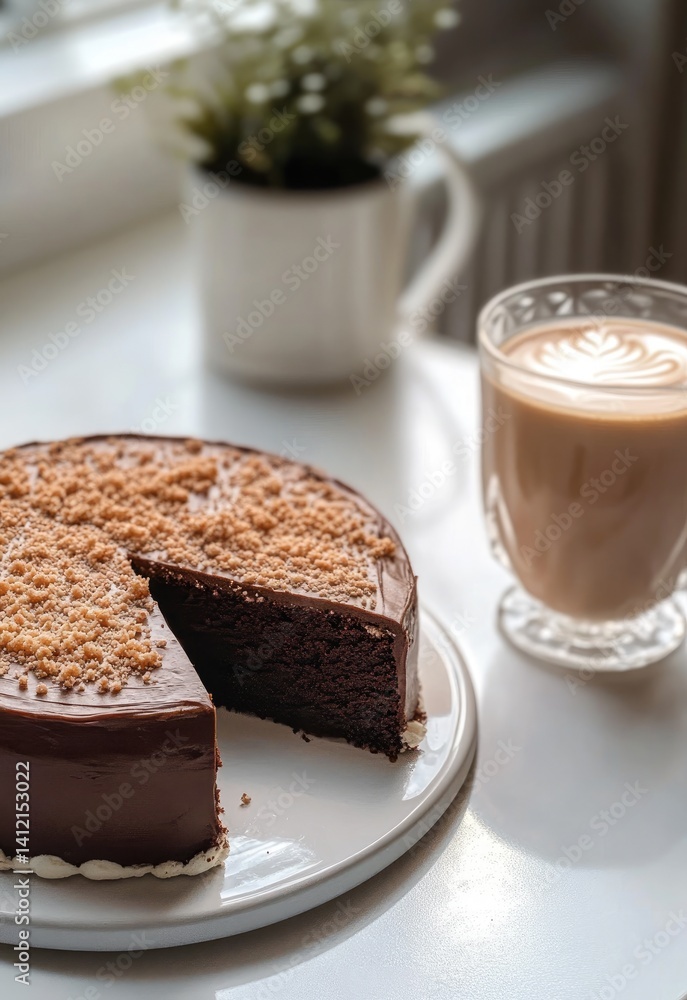 Dark chocolate cream cake and a cup of coffee Dark chocolate cream cake and a cup of coffee