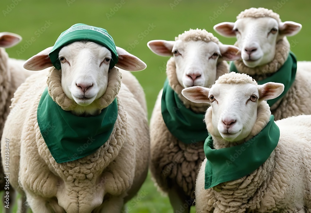 Obraz premium Adorable Sheep in a Field Wearing Green Bandanas. Generative Ai