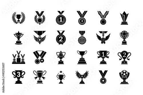 Set of winning trophy and medal Vector silhouette