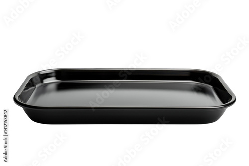 A sleek black tray rests on a minimalist surface, showcasing its refined design and functionality isolated on transparent background