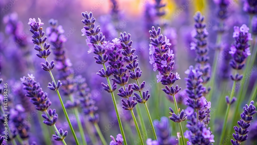 Naklejka premium Purple lavender flowers bloom in a Provence, France field, a beautiful herbal scene