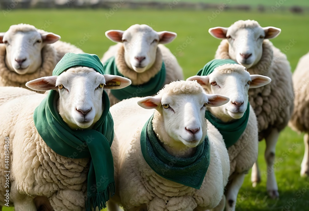 Adorable Sheep in a Field Wearing Green Bandanas. Generative Ai Adorable Sheep in a Field Wearing Green Bandanas. Generative Ai