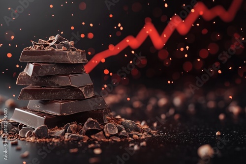 Chocolate price increasing, stack of dark chocolate bars with growing graph