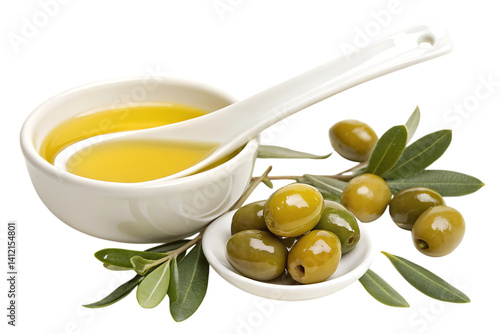 Golden olive oil, fresh from the press, glistening in a pristine bowl alongside plump olives and vibrant green leaves in bright studio lighting.