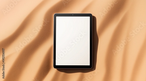 Tablet computer mockup with blank screen on sand background