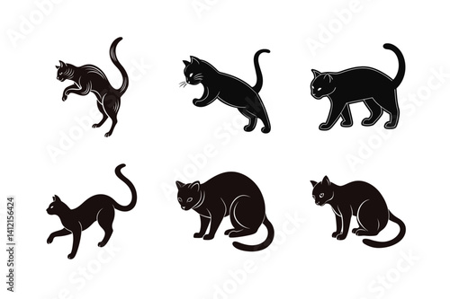 A set six high-quality black cat silhouette vector graphics, ready for use in illustrations, logos, and other design applications.