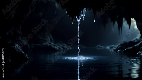 Water droplet falling into underground cave pool, creating ripples in dark mysterious cavern. Concept: nature, meditation, tranquility,  meditation apps,  nature documentaries