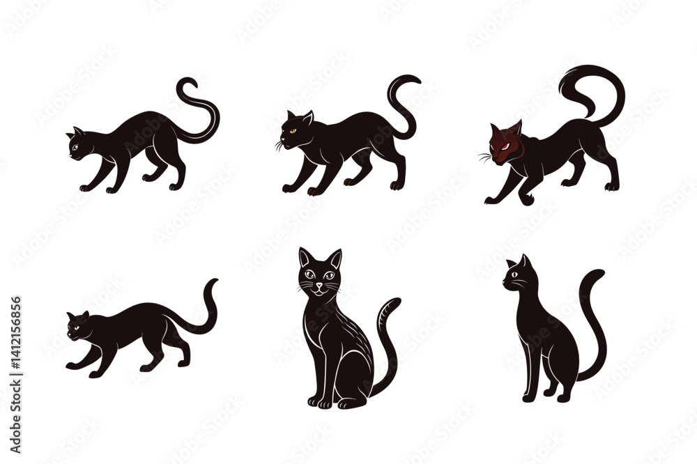 A compilation of six black cat silhouettes in vector format, demonstrating a variety of poses and stylistic interpretations. Great for cat lovers and design enthusiasts A compilation of six black cat silhouettes in vector format, demonstrating a variety of poses and stylistic interpretations. Great for cat lovers and design enthusiasts