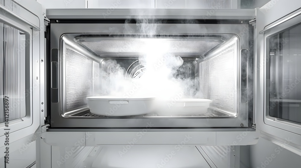 Obraz premium Close up view of steam billowing out from a microwave oven as the door is slightly ajar revealing the heated interior