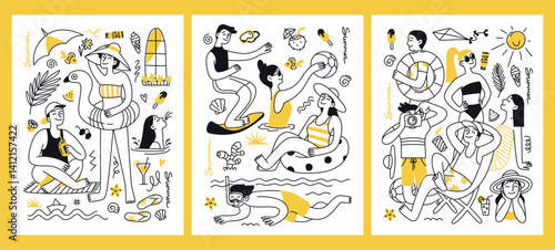 Set of postcards, posters, summer vacation concept. Summer mood, vibe. People, men and women on vacation. Doodle illustration for print
