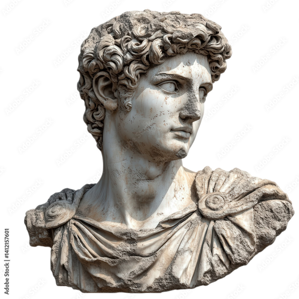 Obraz premium Astonishing Ancient Marble Bust of Young Roman Figure with Expressive Features and Intricate Drapery, Capturing Timeless Beauty of Classical Sculpture