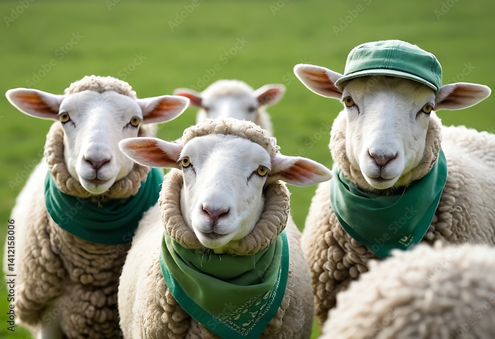 Fototapeta premium Adorable Sheep in a Field Wearing Green Bandanas. Generative Ai