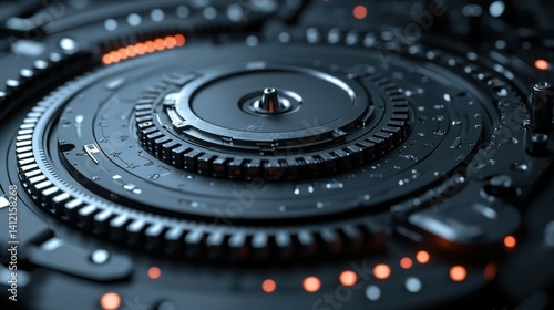 Close-up of a complex, circular, metallic mechanism with intricate gears and glowing orange accents