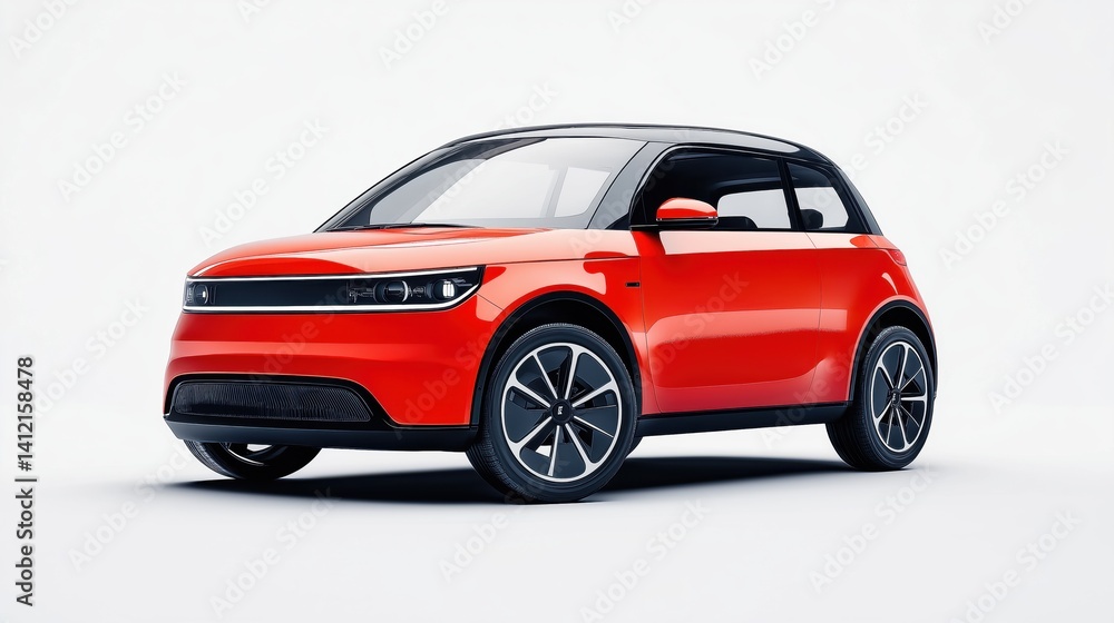 A compact brigth red electric car mockup with a modern and clean design, viewed at a front-side angle. A compact brigth red electric car mockup with a modern and clean design, viewed at a front-side angle.