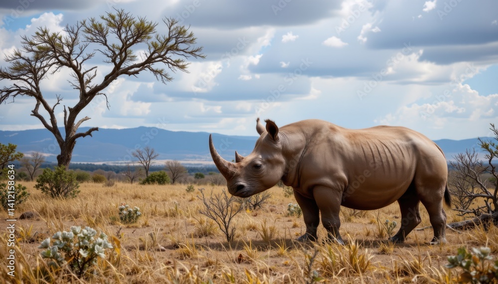 Obraz premium Rhino grazing in the african savanna wildlife photography natural habitat landscape view conservation awareness