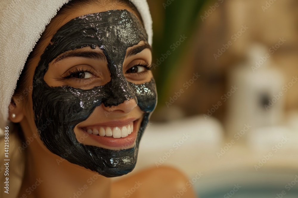 Woman with facial mask smiling and wearing towel on head in a bathroom or spa. Taking care of skin. Beauty and self-care. Woman with facial mask smiling and wearing towel on head in a bathroom or spa. Taking care of skin. Beauty and self-care.