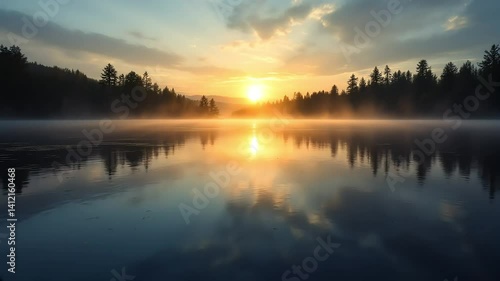 Wallpaper Mural Golden sunrise over misty lake with mirror-like reflections. Pristine wilderness landscape at dawn.
Concept: nature photography, outdoor lifestyle, travel Torontodigital.ca