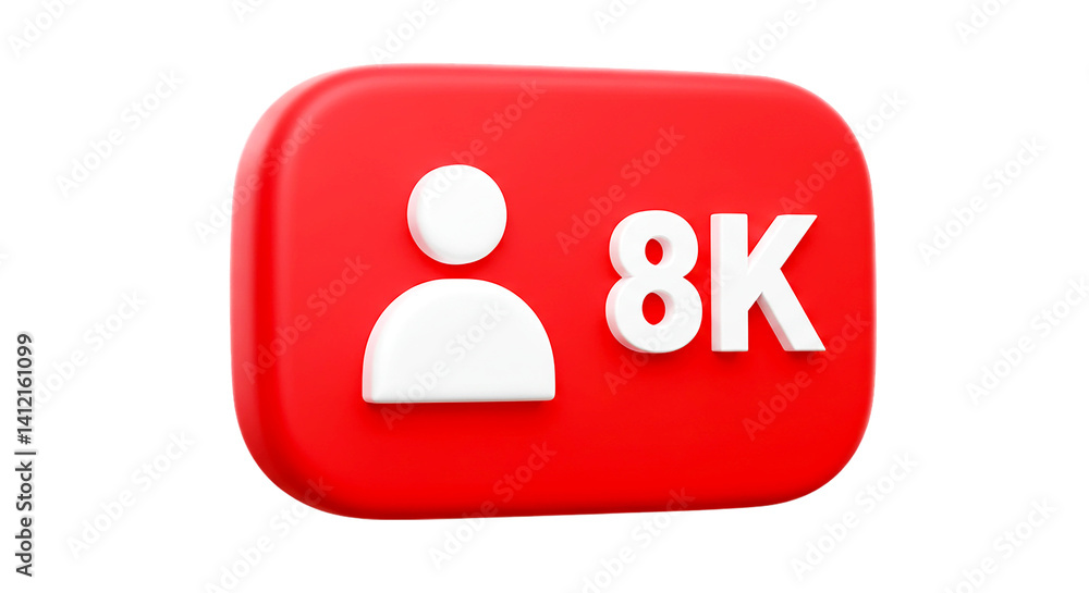 Fototapeta premium Red rounded square with a white follower icon and the number eight k on a black background image