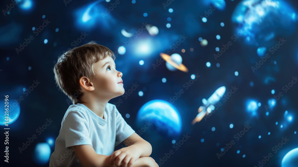 Fototapeta premium Curious boy looks up in awe at glowing planets and stars, symbolizing imagination, learning, space exploration, childhood dreams and fascination with the universe.