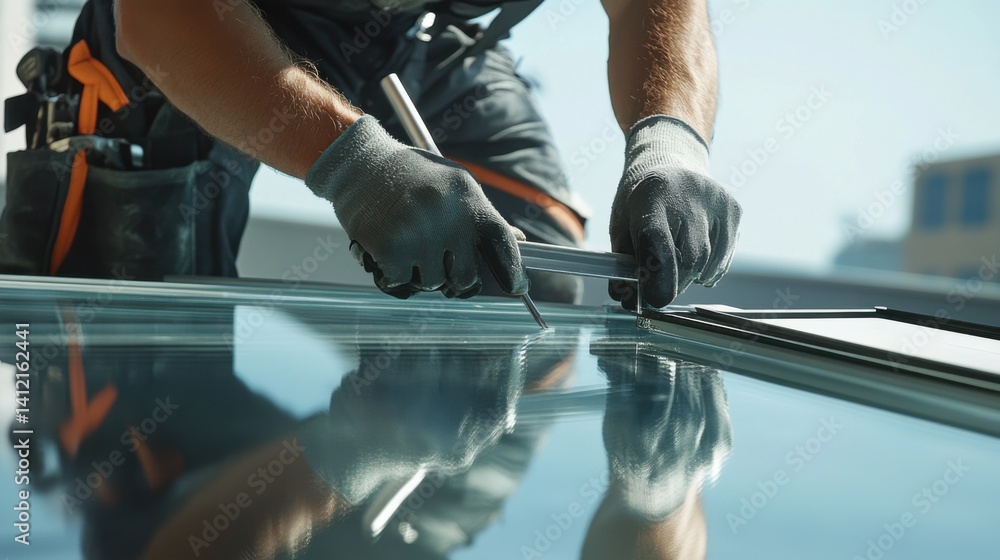 Glass installer positioning panels. Featuring precision and balance Glass installer positioning panels. Featuring precision and balance