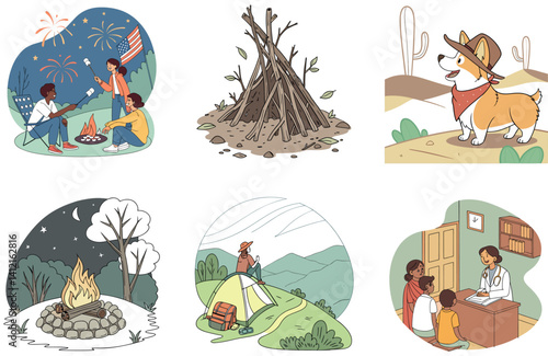 Camping Bundle. Scenic Night Sky Adventure Collection Illustrations