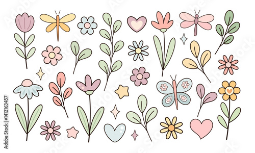 Set with groovy flowers, plants, butterfly. Spring, summer seasonal objects. Hand drawn vector illustration