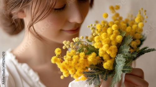 Young Woman Holding Mimosa Bouquet in Sunlight, Wearing White Dress, Peaceful and Minimal Aesthetic