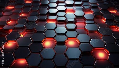Dark Hexagonal Pattern with Glowing Amber Lights on a Reflective Surface