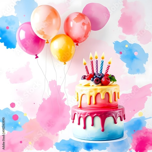 Pink Drip Cake with Balloons on Watercolor Splash Background