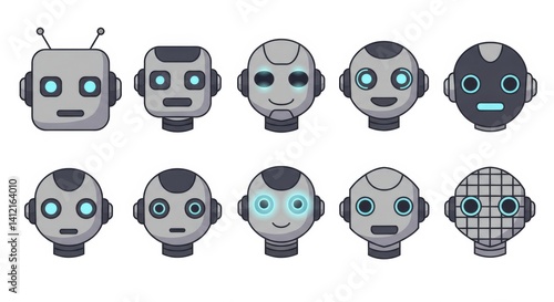 Cute robot face icons in smiling cartoon style.