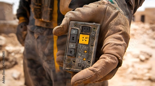 Closeup of an explosive ordnance disposal EOD specialist in uniform carefully holding a delicate detonator switch with steady hands