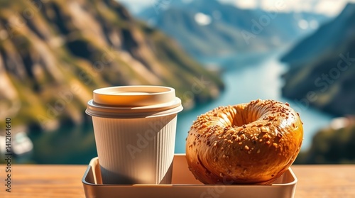 paper cup of coffee with bagel on the fjord