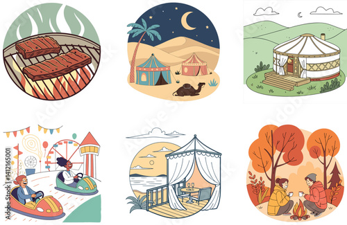 Camping Bundle. Luxurious Jacuzzi Glamping Collection Illustrations