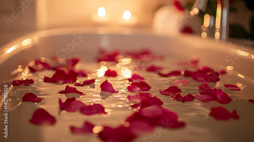 Serene Bath of Rose Petals: A calming bath filled with rose petals and soft candle light creates a tranquil, romantic atmosphere, designed to induce feelings of relaxation and rejuvenation.