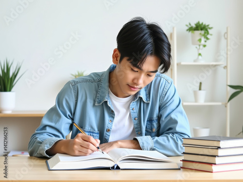 Young man studying at desk.