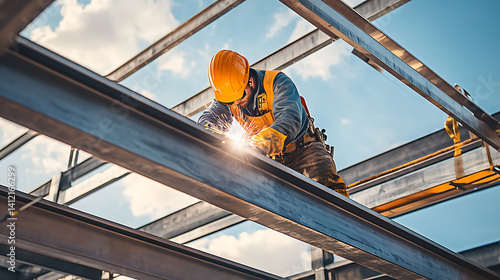 Ironworker welding steel beams on a construction site. Featuring ironworking