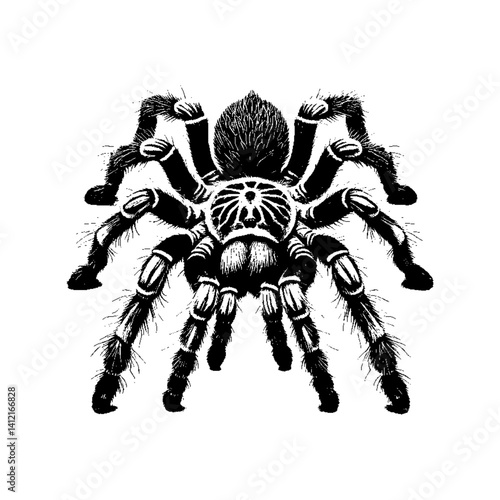 Black and white illustration of a detailed spider, emphasizing realism and texture.