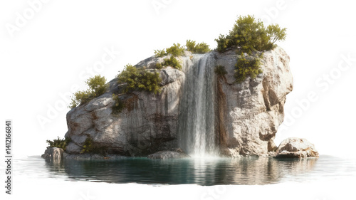 Realistic Small Waterfall Splashing into Lake Surface Transparent Background
