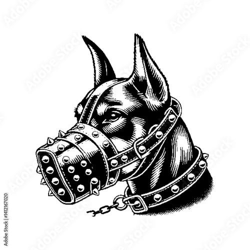 Black and white illustration of a dog wearing a spiked muzzle