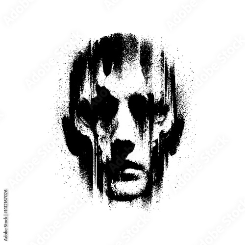 Abstract representation of a distorted human face, featuring a monochromatic, glitchy style.
